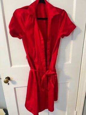 Brooks Brothers Vibrant Red Short-Sleeve Shirt Dress with Waist Tie